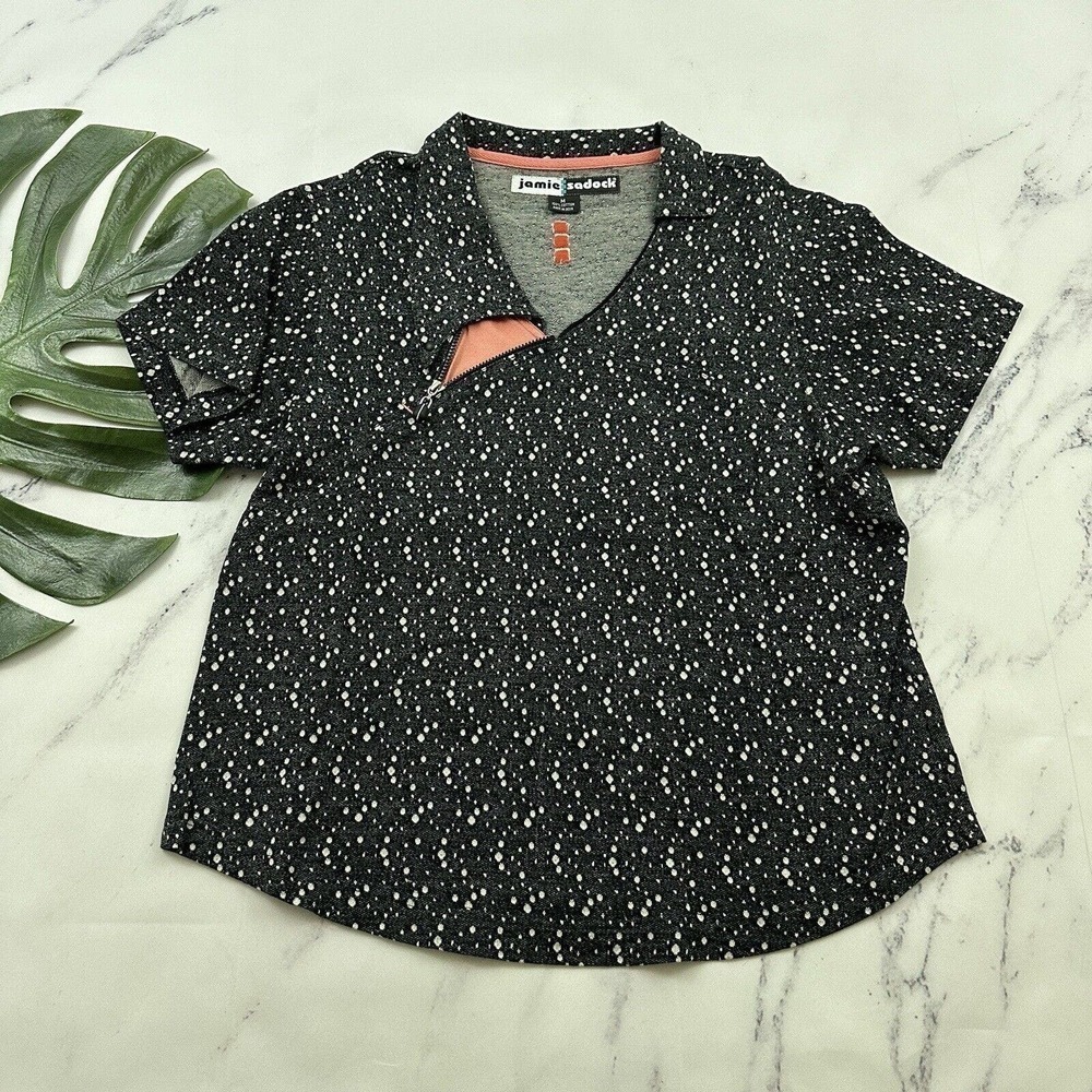 Jamie Sadock Womens Golf Shirt Size M Black Gray Polka Dot Knit Short Sleeve
